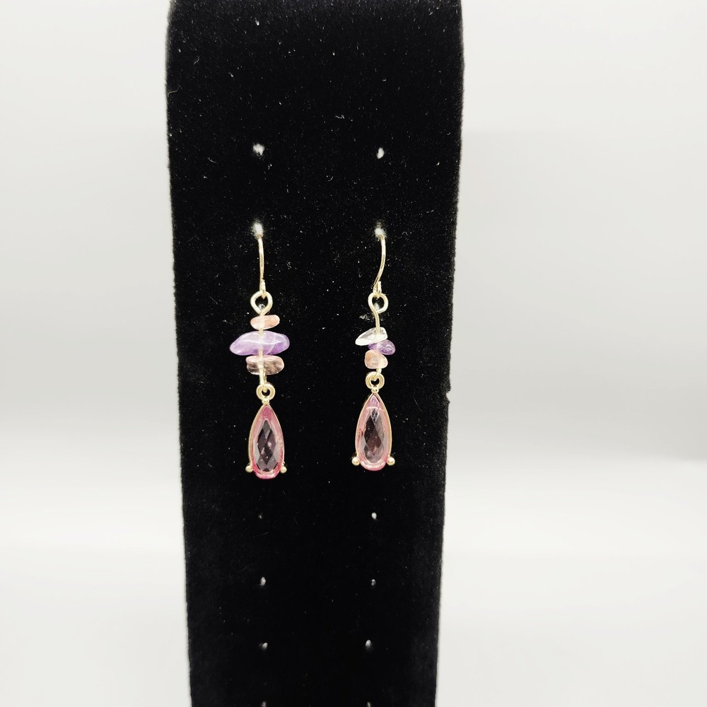 Gold Tone Rose Quartz Amethyst Pink Teardrop Dangle Drop Earrings 1.5" Long